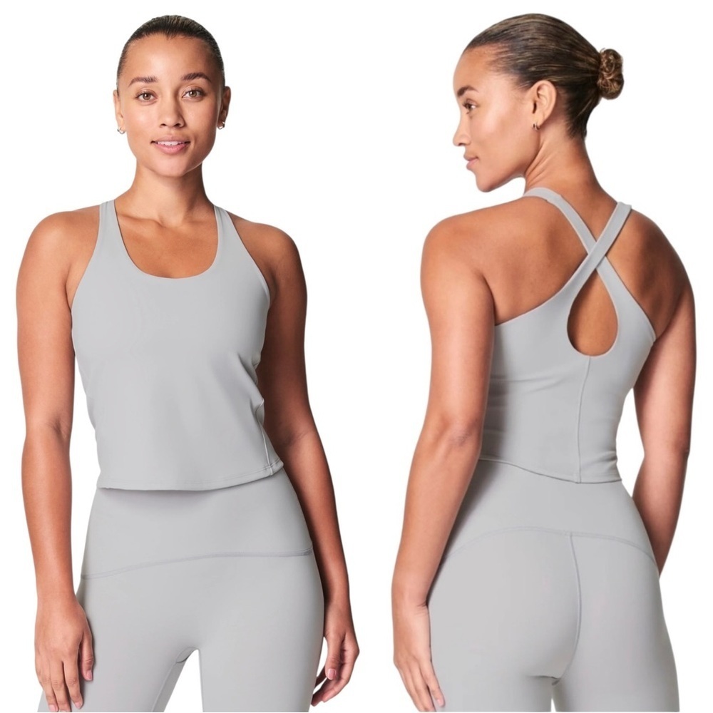 SPANX Get Moving Contour Crossback Shelf Tank Workout Tank Top Cloudy Grey Sz S